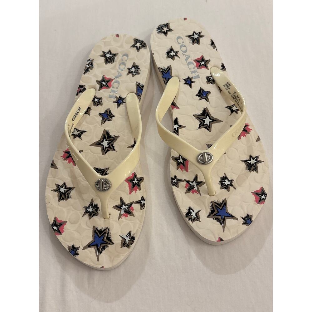 COACH Abbagail Flip Flop Chalk White Patriotic Stars Print Thong Sandal 38 Sz 8